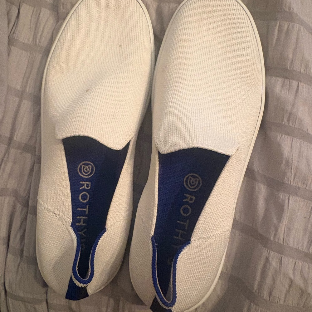 Rothy's White Slip-On Knit Loafers with Blue Insole